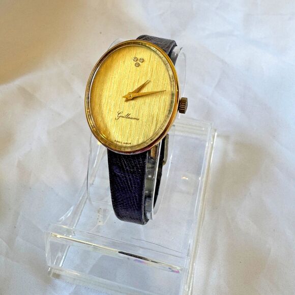 Vintage Guillaume Swiss Classic Winding Watch 24mm Gold 1960s, Lizard